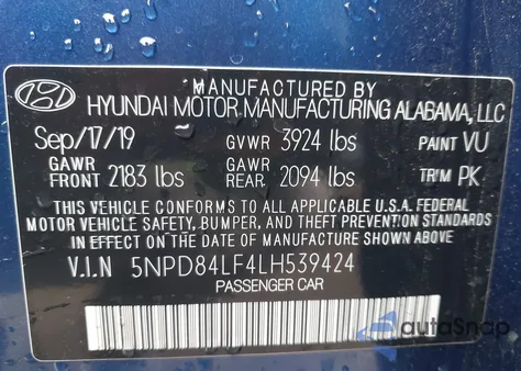 2020 Hyundai Elantra Sel z USA, uszkodzony, nr VIN 5NPD84LF4LH539424